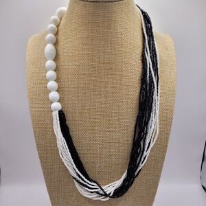 Vintage 60s bold black and white assymetric seed beaded multistrand Necklace